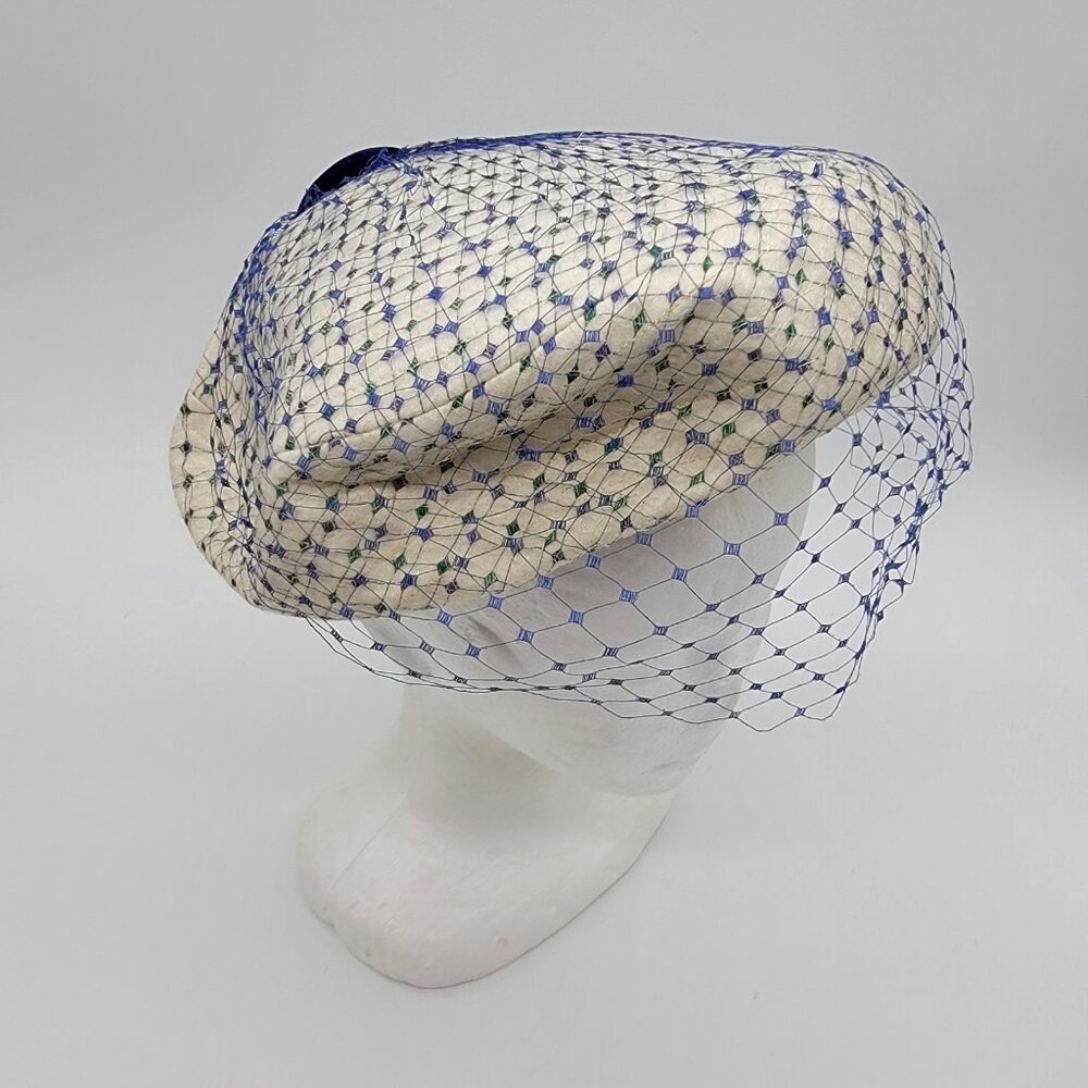 Chanda Hat For Montaldos 50/60’s‎ Fancy Hat With Mesh Face Cover Blue Ivory